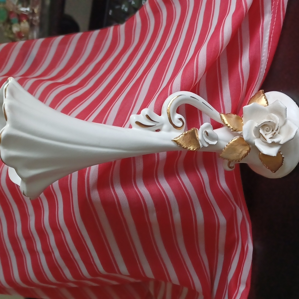 Napco Alaskan Rose Vase Flower with Gold leaf, vintage, approx 11” tall